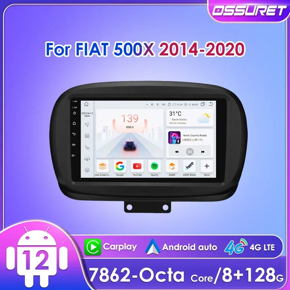 Ossuret-Autoradio Android 12, CarPlay, GPS, RDS, DSP, Bluetooth, 4G, SWC, 9 ", 2Din, Limitation UI7862, Fiat 500X, 2014 - 2020