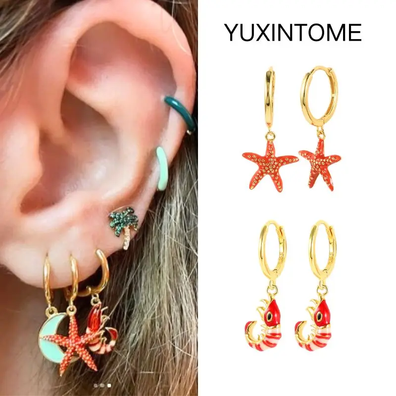 925 Sterling Silver Ear Needle Exquisite Red Starfish Pendant Earrings Beach Shrimp Gold Earrings for Women Fashion Jewelry