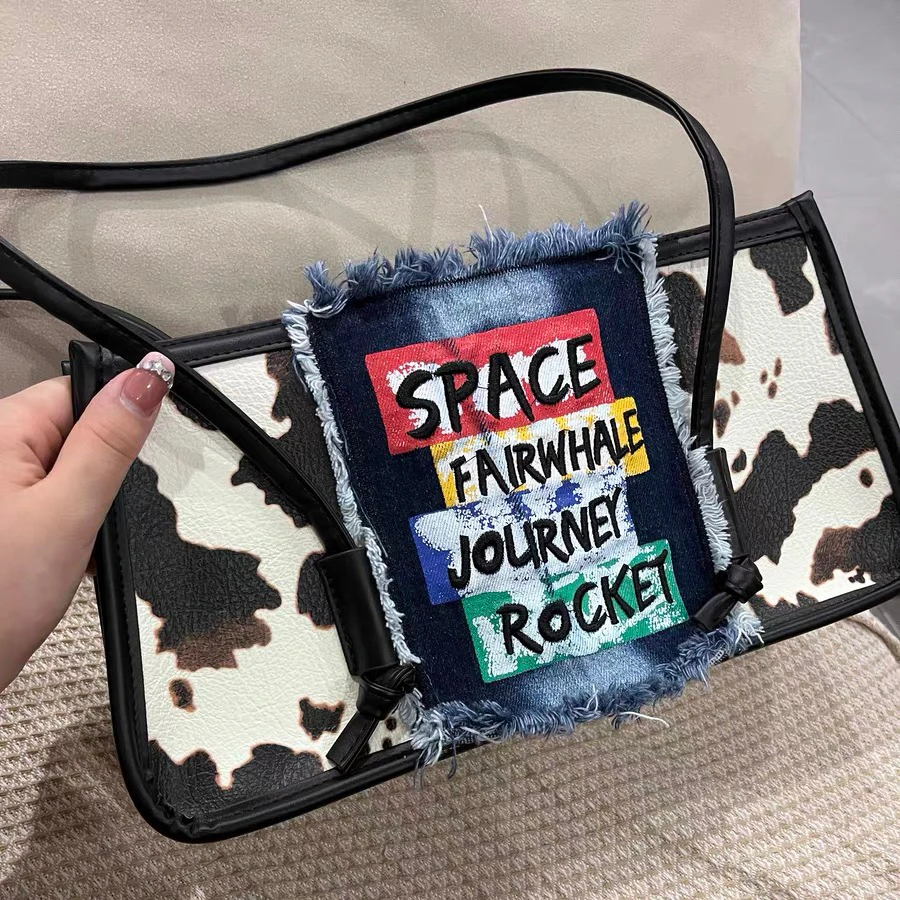 Original Design Retro Cow Print Splicing Words Denim Bag One Shoulder Portable Underarm Bags for Women Free Shipping