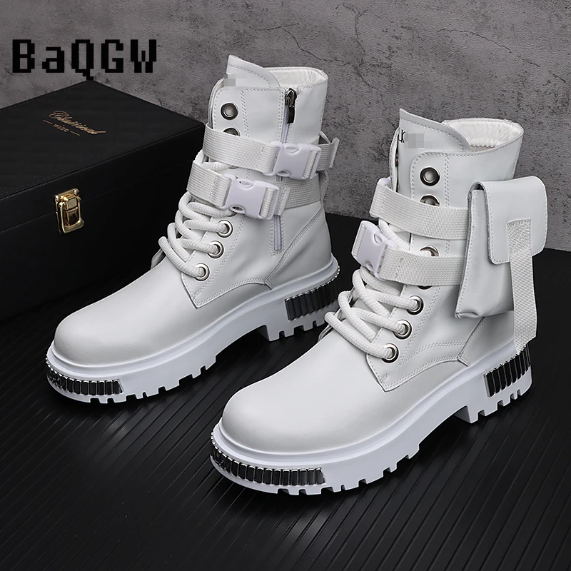 Metal Patchwork High-Top Shoes Men\'s Autumn Winter Fashion Trend Cowboy Boot British Style Height Increasing Leather Short Boots
