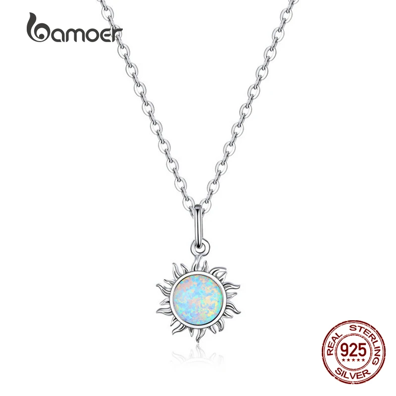 BAMOER Authentic 925 Sterling Silver White Opal Sun Pendant Necklace for Women Chain Link Necklaces Silver 925 Jewelry SCN399