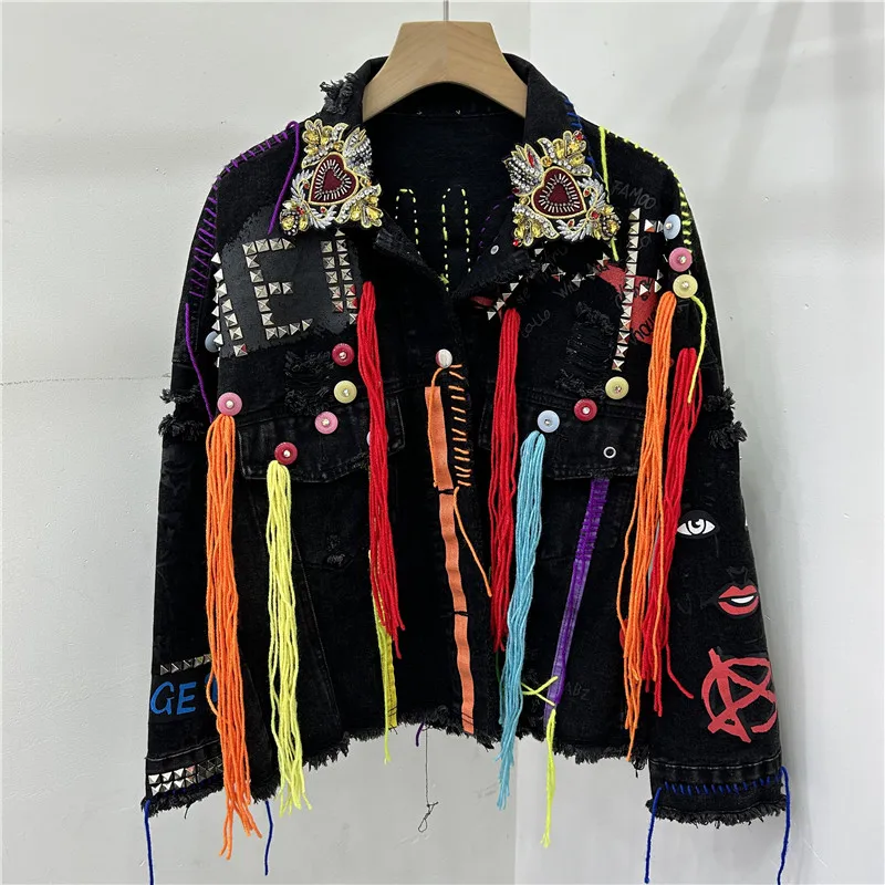 Hand-Painted Graffiti Line Tassel Rivet Short Hole Denim Jacket Blue Black Casual Streetwear Lapel Long Sleeve Jeans Jacket Coat