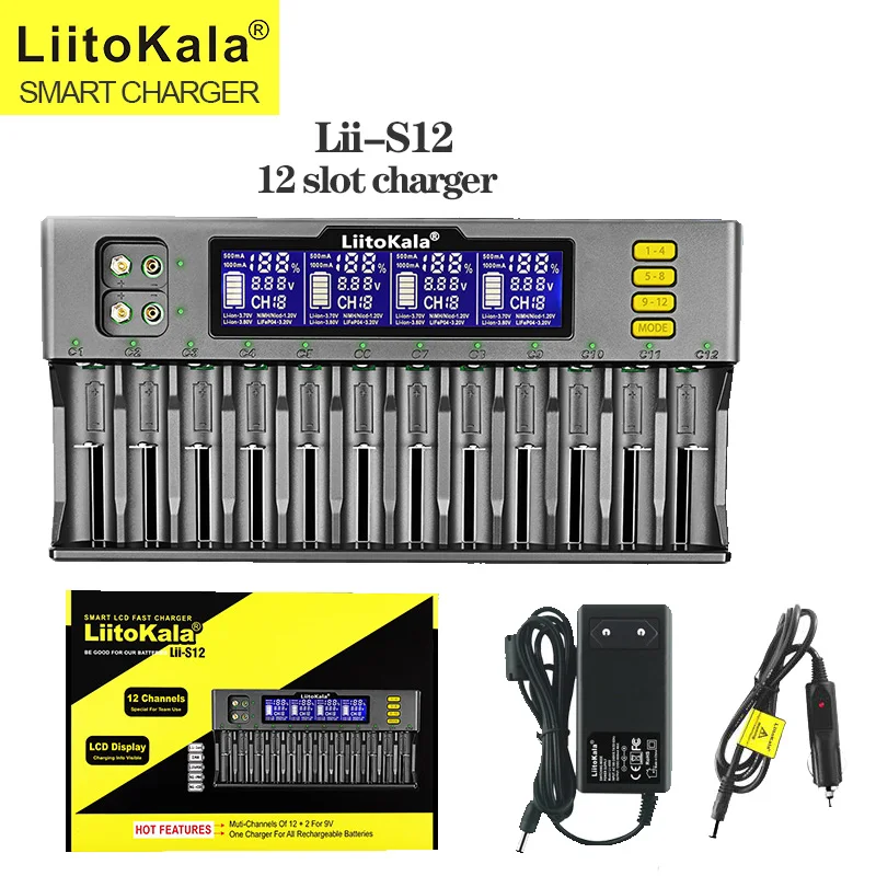 

LiitoKala Lii-S12 12-Slot LCD Battery Charger for Li-ion LiFePO4 Ni-MH Ni-Cd 9V 21700 20700 26650 18650 16340 18350 RCR123 18700