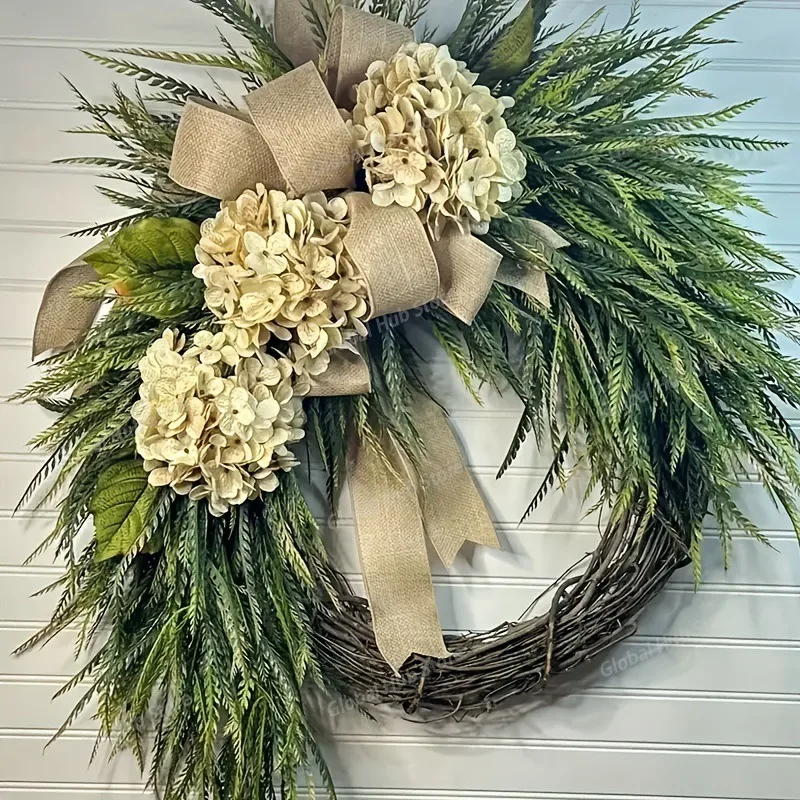 15'' Pastoral Hydrangea Artificial Wreaths Fake Boston Grass Garland Wall Hanging Decor for Wedding Home Farmhouse Front Door