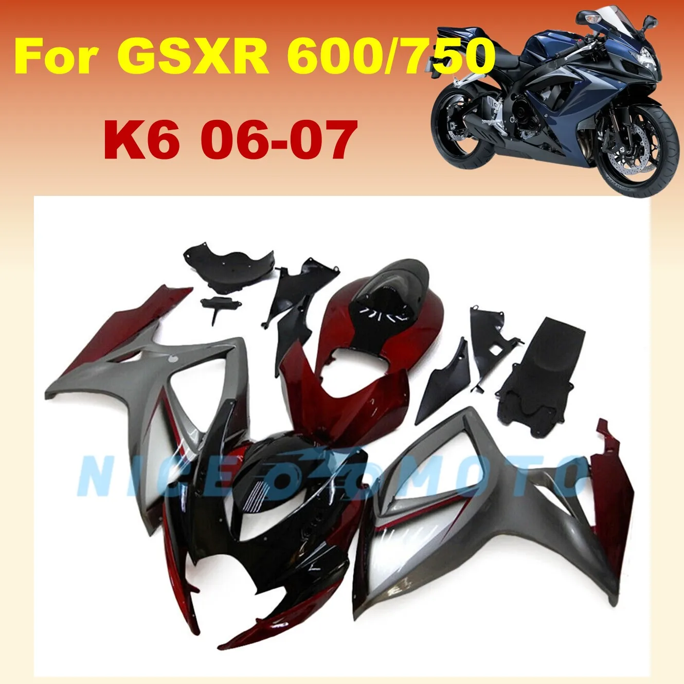 Full Motorcycle Fairings Panel Kit Custom fit for GSX-R600 750 2006 2007 K6  GSXR600 06 07 GSXR750 Grey Red
