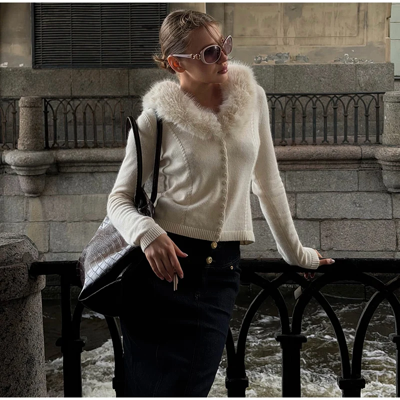Cable Knit Cardigan with Faux Fur Collar — product details 33