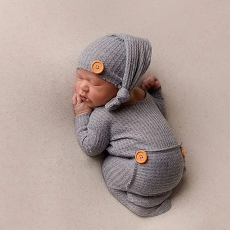 Newborn Photography Props Hat Romper Clothing Outfits Knitted Baby Jumpsuit Long Tail Cap Kit Infants Photo Shooting 2 Pcs/Set