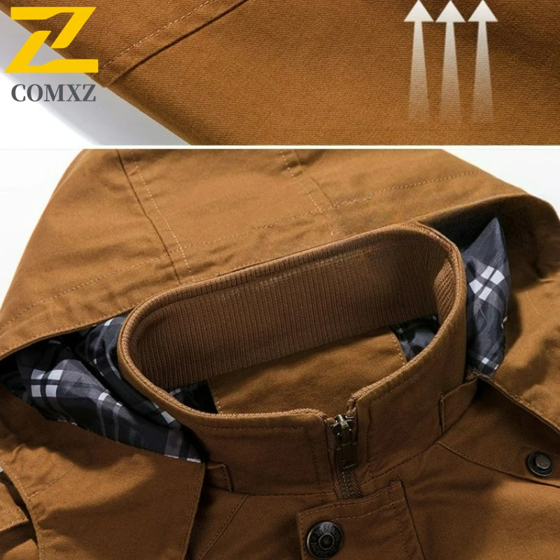 2025 Autumn High Quality Jacket Men's Fashion Cotton Windproof Multi-pocket Work Coat Outdoor Hunting Hiking Hooded Overcoat Man
