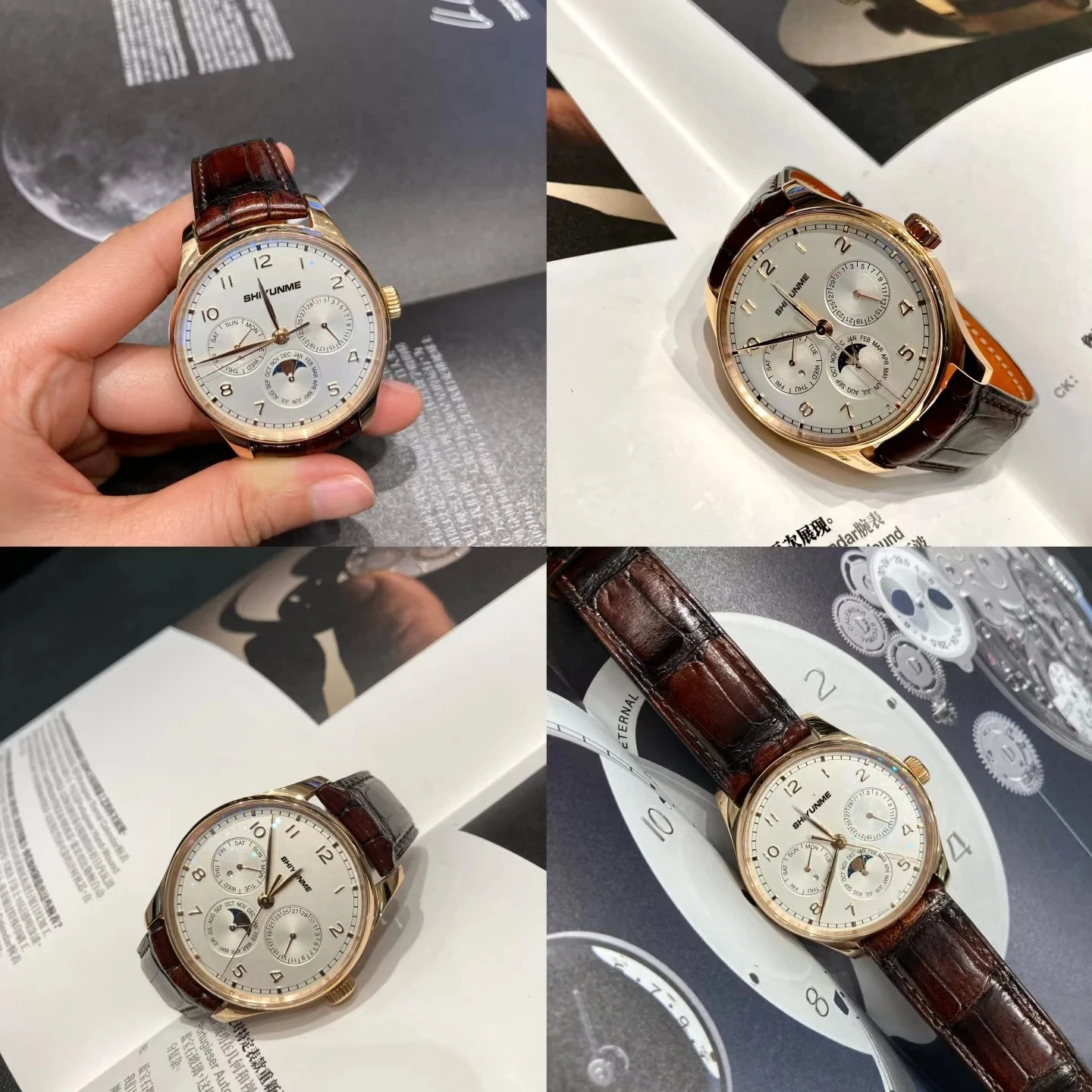 Relógio mecânico automático de alta qualidade, relógio esportivo masculino, ouro rosa, azul, mostrador branco, pulseira de couro