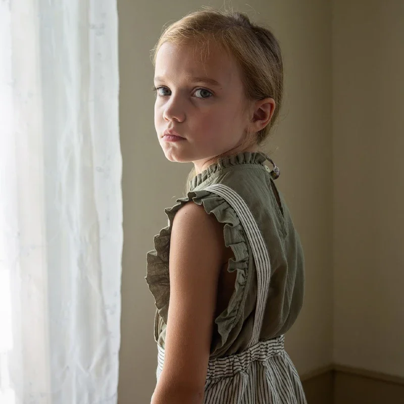 Retro Girls Ruffle Sleeve And Collar Linen Camisole Top Summer New Children\'s Sleeveless Casual Cotton Linen T-Shirts TZ125