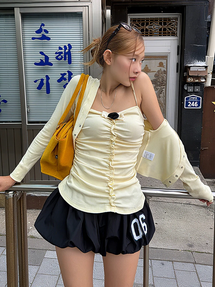 

Женская футболка с аппликацией Weird Puss Bow, милая лоскутная футболка с рюшами + укороченное пальто с металлической пряжкой, эластичное обтягивающее уличное пальто Hottie