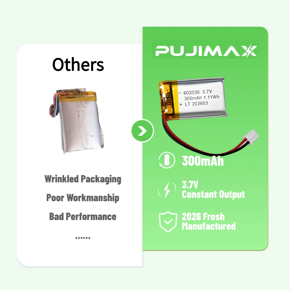 PUJIMAX 602030 300mAh Polymer Lithium Rechargeable Replacement Batteryfor Bluetooth Headset Speaker Monitor Self-Timer