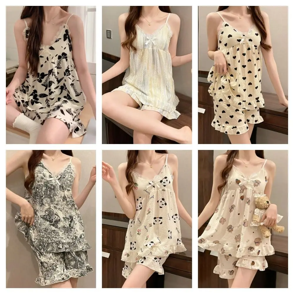 Fashion Flower Bear Suspender Shorts Suit Ruffle V-Neck Lace Nightwear Sets Sleeveless with Padded Camisole Shorts Pajamas Women