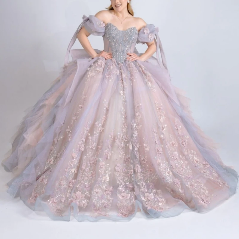 Light Pink Glitter Ball Gown Quinceanera Dresses Applique Flower Beading Crystal Bow Tiered Tull Corset Off The Shoulder Sweet