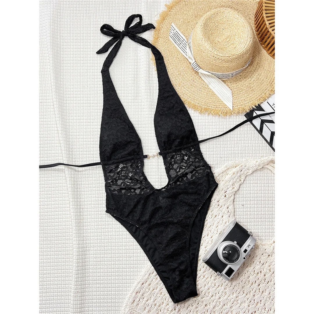 Spitzen-Badeanzug mit tiefem V-Ausschnitt und Neckholder für Damen, einteiliger Badeanzug, Monokini mit hohem Beinausschnitt, rückenfreier Badeanzug, Badeanzug V8264 – Detail 4