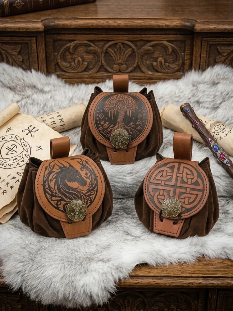 Mittelalterlicher Wikinger-Münzbeutel, Würfelbeutel, zum Aufhängen, Hüfttasche, Unisex, Leder, mit Kordelzug, Münzbeutel, Cosplay-Zubehör, Requisite