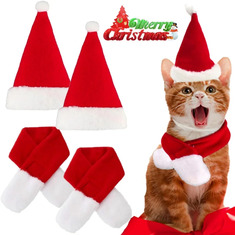 Katzen-Weihnachtskostüm, Haustier-Weihnachtsmütze mit Schal, Geschenk, verstellbares Kostüm-Set für süße Haustiere, Katzen, kleine Hunde, Welpen-Outfits, Kleidung