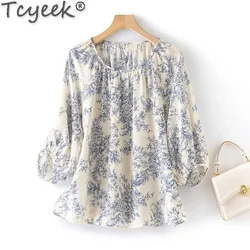 Tcyeek 100% Mulberry Silk T-shirts for Women 2024 Elegant T-shirt Printing Top Womens Tops Loose Fit Summer Clothes Топ Женский