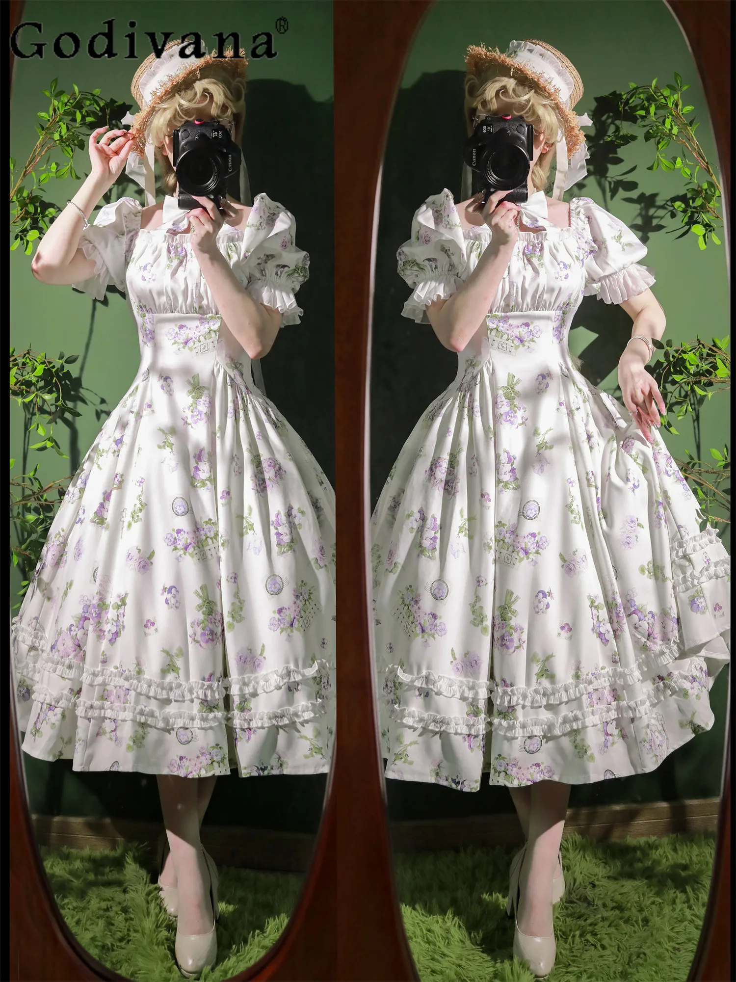 

Tea Party Princess Dress Op New 2026 French Elegant Women's Print Dress Lady High Waist Slim Short Sleeve Long Vintage Dresses