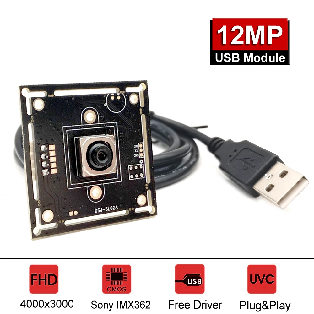 HD USB Video Webcam Module 12MP IMX362 Sony Sensor No Distortion Lens UVC OTG Plug and Play High speed Autofocus PC Camera