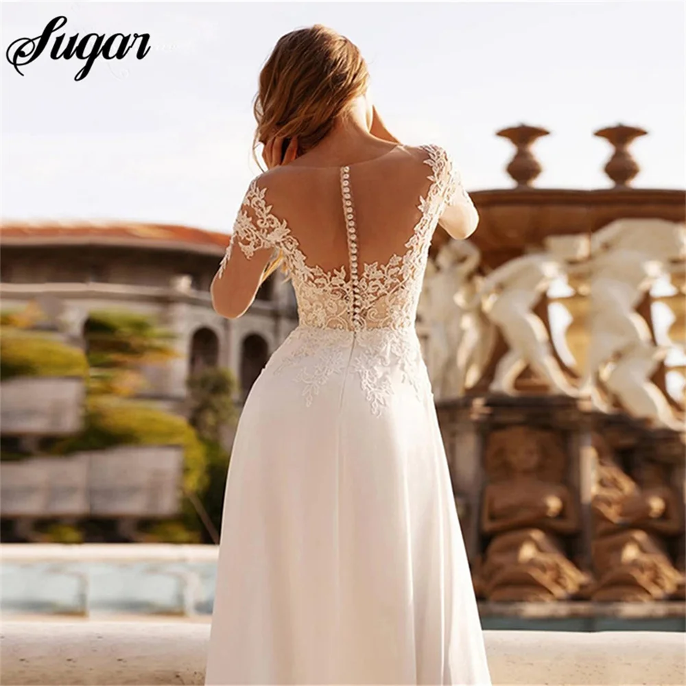 Chiffon Lace Appliques Boho Wedding Dresses For Women Vestidos De Noiva Mariage Plus Size Illusion Backless Bridal Party Gowns