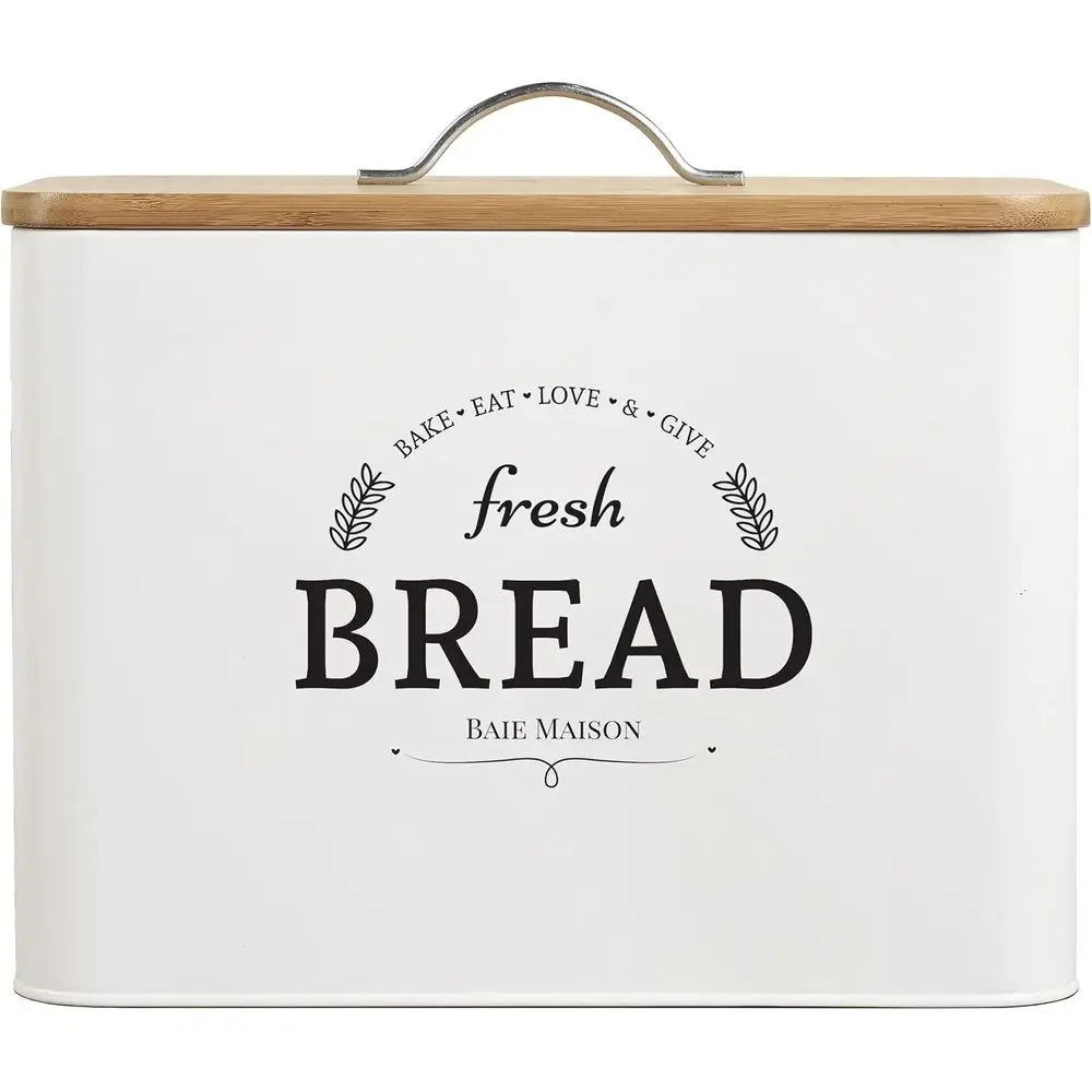 صندوق خبز معدني أبيض كبير على الطراز العتيق مع غطاء خشبي - يحمل رجلتين، وحدة تخزين على سطح المطبخ #1