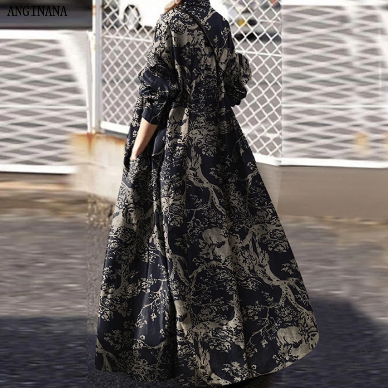 Summer oversized 10xl 150 kg women\'s dress large 6xl 8xl lapel long sleeve loose print big dress dark blue