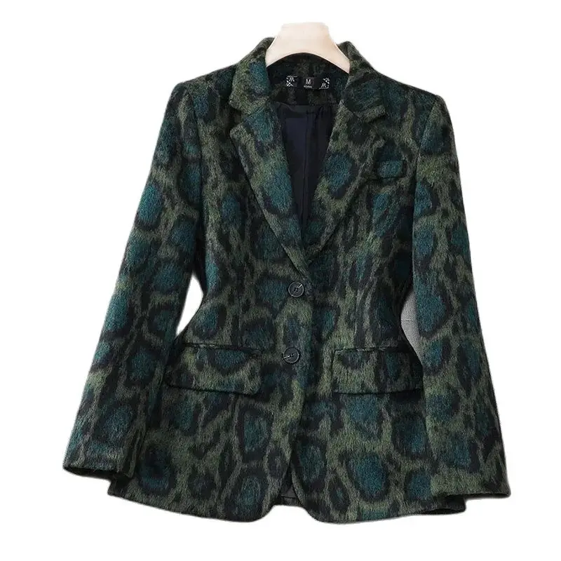 Leopard Printed Woolen Blazer Women Long Sleeve Single Breasted Autumn Winter Jacket Streetwear Ladies Blazer Female Outerwear