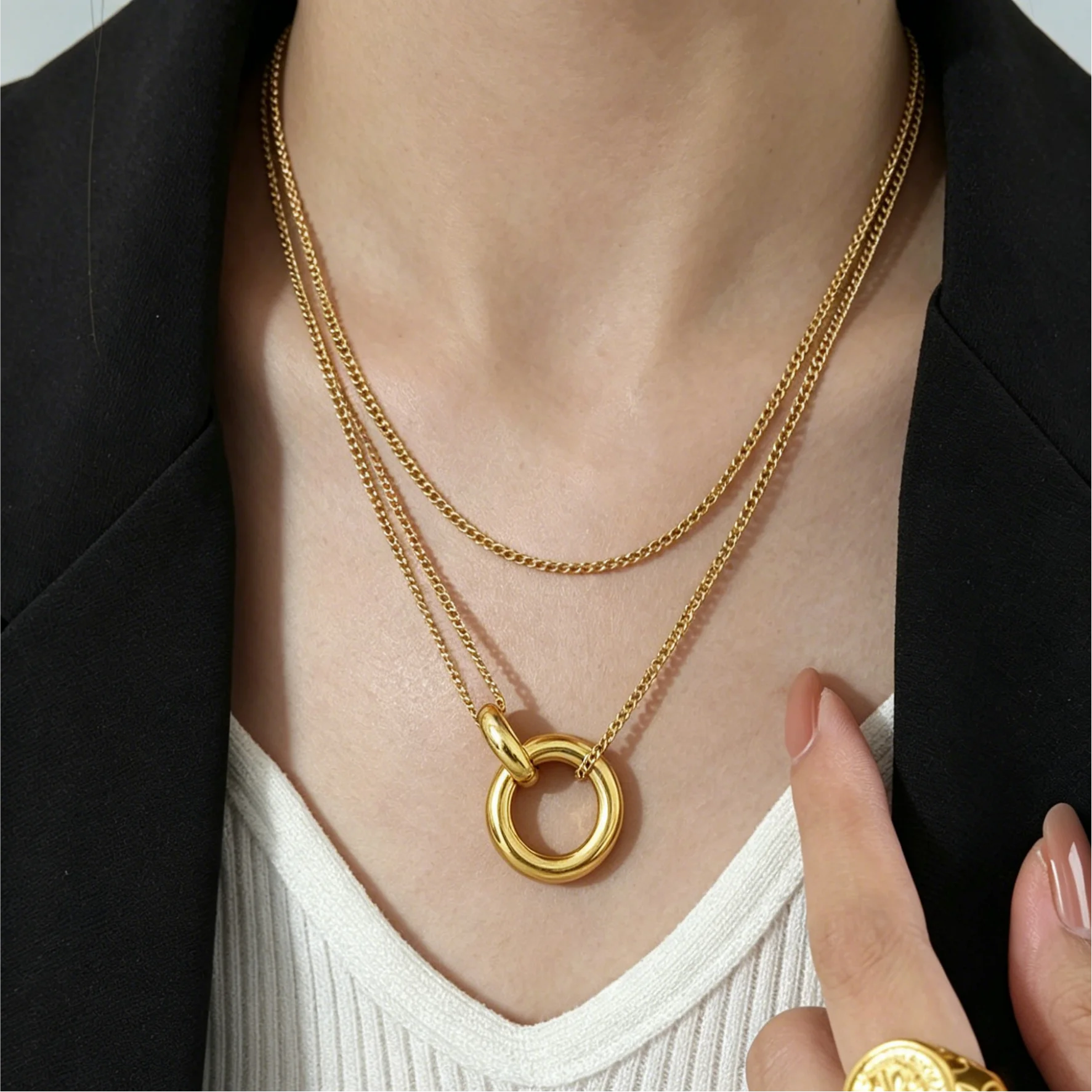 

Freetry Minimalist Double-layer Round Pendant New Stainless Steel Necklace for Women Exquisite Waterproof Necklace Charm Jewelry