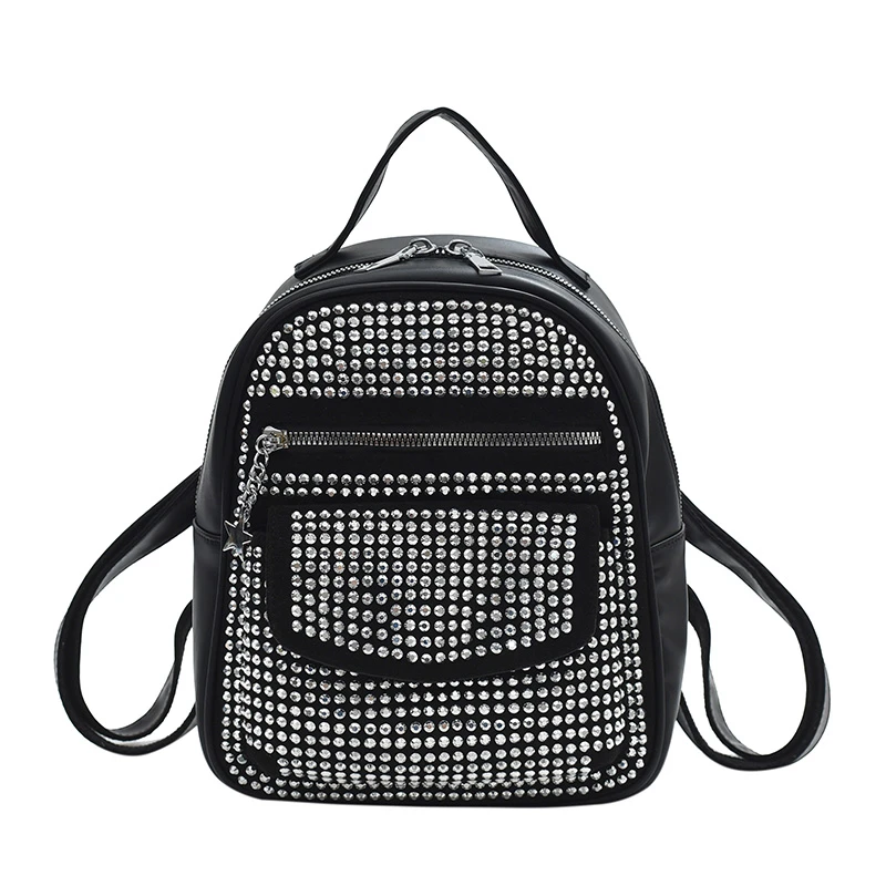 

Luxury Designer Backpack Female Shiny Rhinestone Multi Pocket Leather Rucksack Punk Style Girls Travel Black Small Shoulder Bag