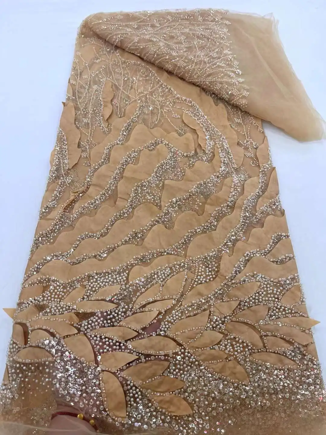 Gold African Sequins Lace Fabric 3D Tulle Fabric 2024 High Quality Lace Groom Embroidered Nigeria Lace Fabric for Sewing 5 Yards