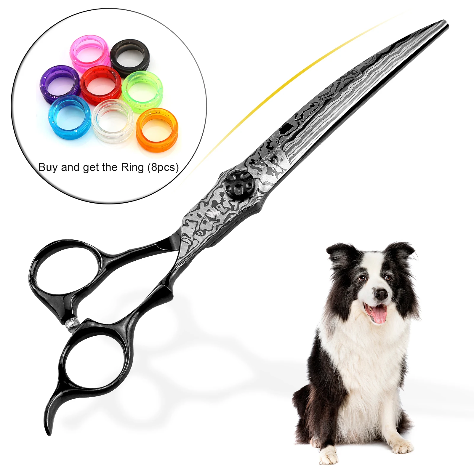 Professional 7.5inch black damascus pattern Downward Curved cutting Scissors Pet Grooming Scissors  Sharp comfortable right hand