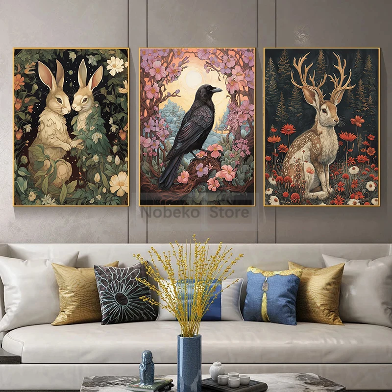 Vintage Floral Animals Poster Dark Cottagecore Academia Whimsical Forest Animal Prints Canvas Painting Wall Art Home Room Decor