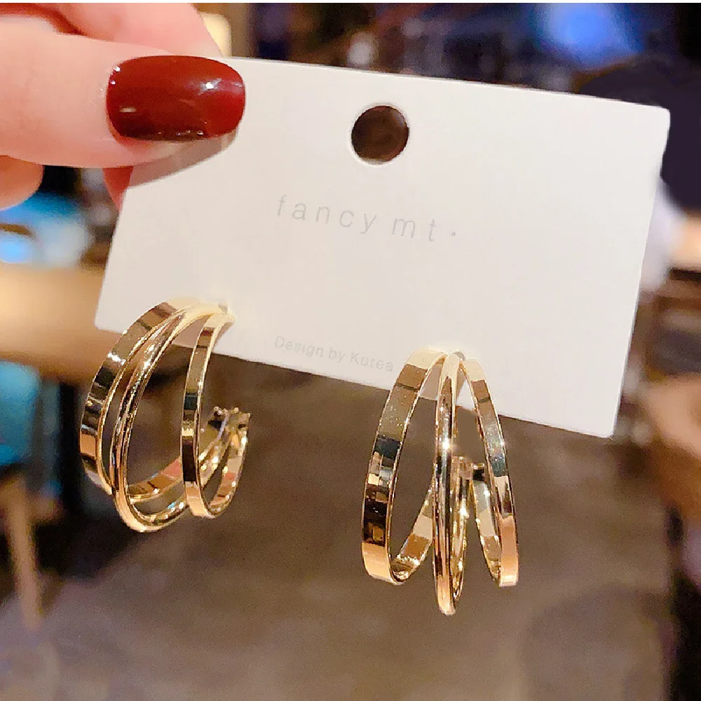 Pendientes colgantes de Metal en forma de C para Mujer, aretes de bucle redondo geométricos de 3 capas, joyería para Mujer, regalo