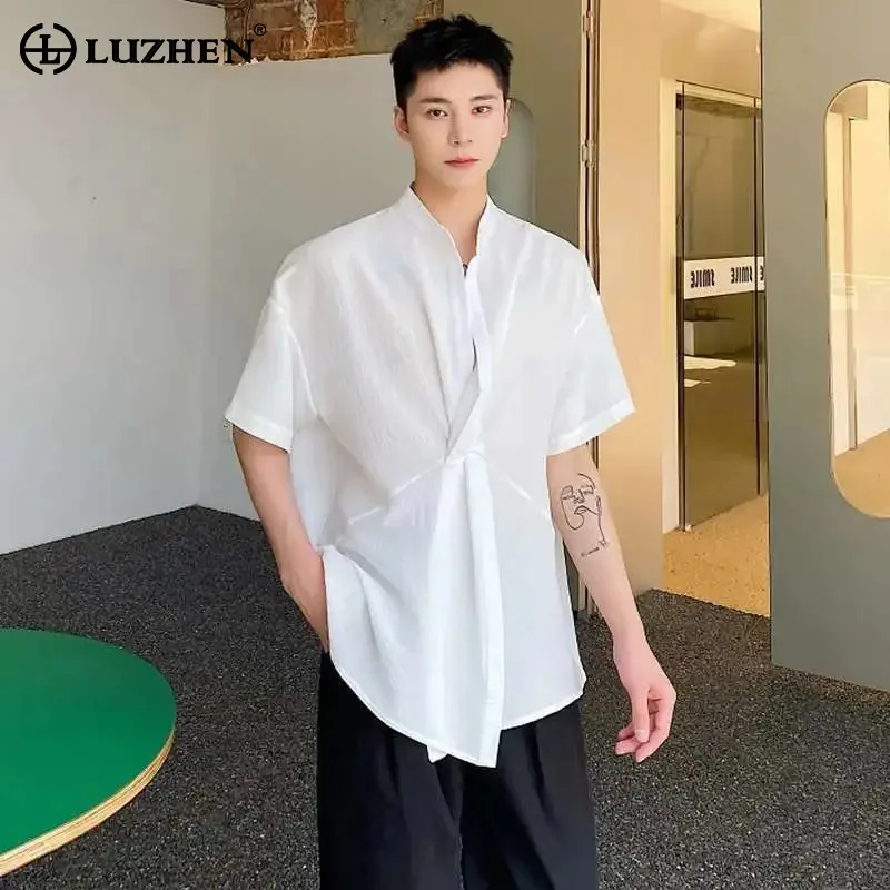 

LUZHEN Design Cross Placket 2025 Высококачественные тонкие новые рубашки с короткими рукавами, мужские оригинальные элегантные однотонные повседневные топы JY2625
