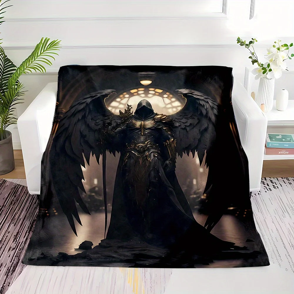 Premium Dark Fantasy Gothic Art Throw Blanket Large Angelic Mythological Warrior Print Cozy Couch Decor Halloween Gaming Gift