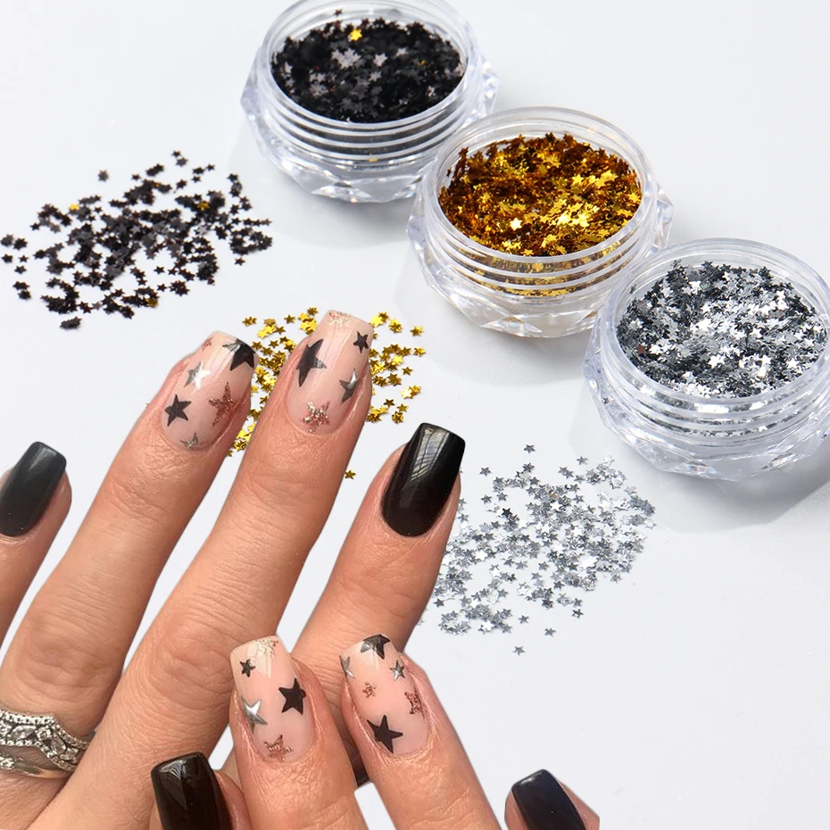 Golden Glitters Mini Stars Y2K Nail Art Sequins, Golden Silvery Black Small Pentagram  Five-Pointed Nail Charms Nail Supplies