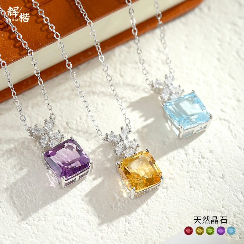 

S925 Silver Natural Necklace Women with Amethyst, Citrine, and Topaz Pendant