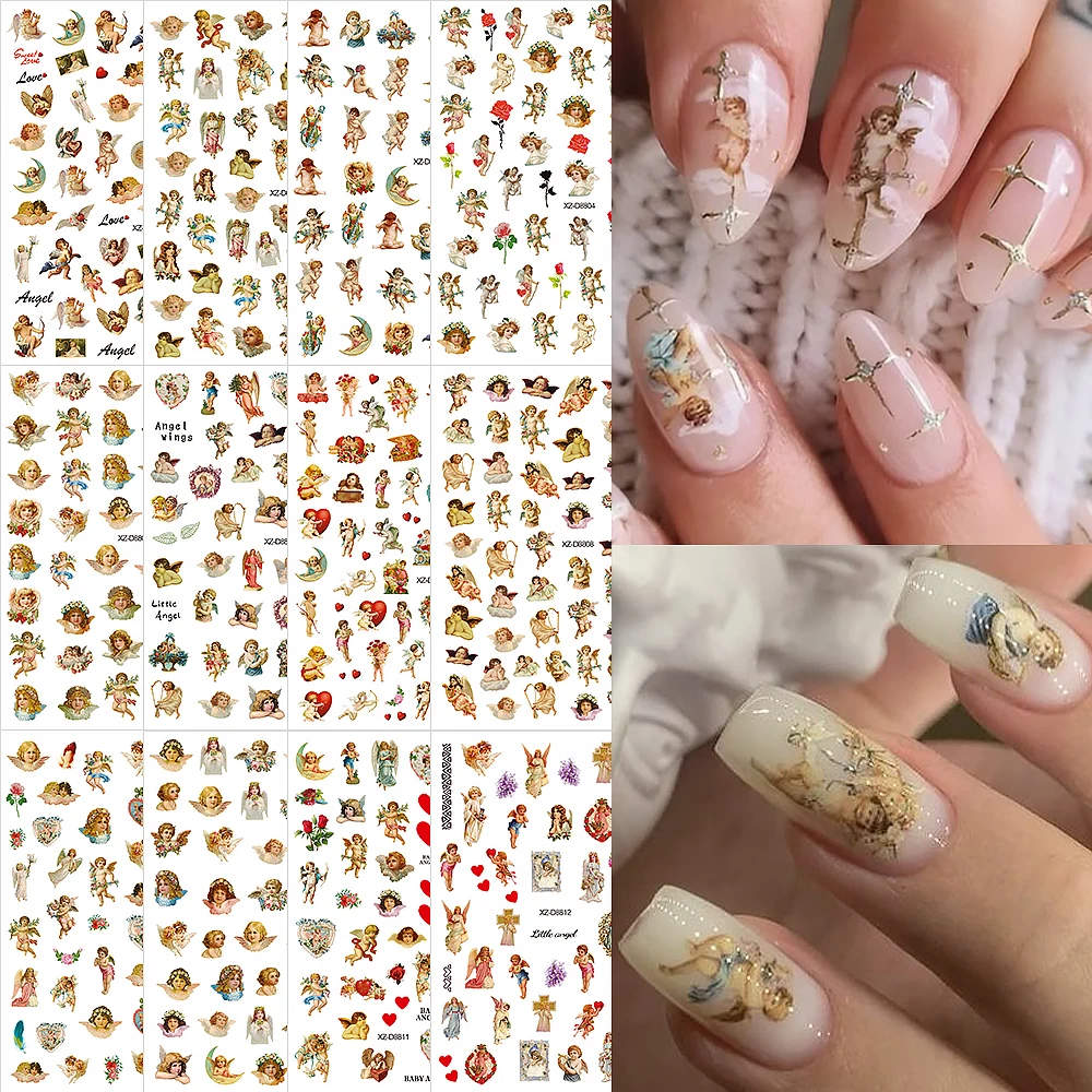 

12pcs 3D Cute Baby Angel Nail Stickers Self-Adhesive Cupid Nail Art Decals 8*10cm Rose Flowers Love Heart Wings Manicure Decora