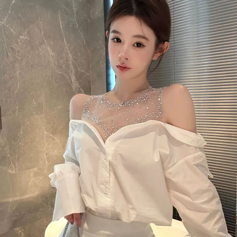 

Design Sense One-word Shoulder Hot Diamond Mesh Stitching Fake Two-piece Shirt Women' High-end Off-the-shoulder Long-sleeved Top