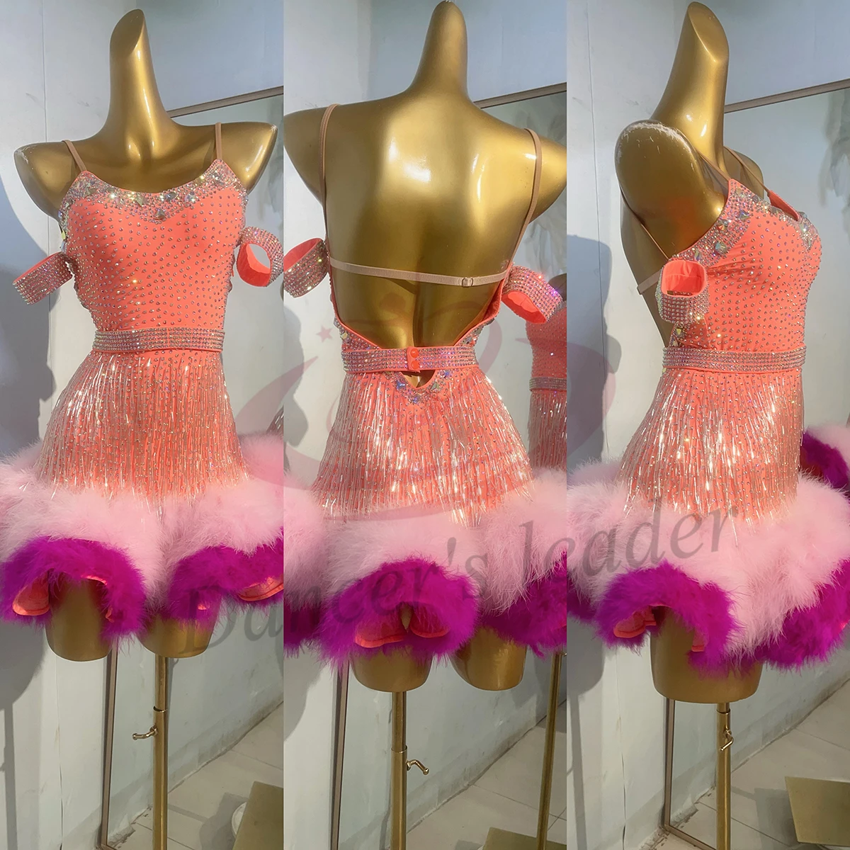 Latin Dance Costume, Rhinestone Women's Clothing, High-end Customized Two-color Plush Skirt, Samba Performance Dress