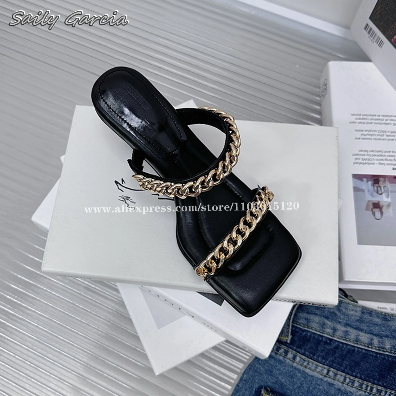 Genuine Leather Metal Chain One Word Belt Kitten Heel Sandals Solid Large Size Slip On Slipper Sandals Square Toe Casual Slides