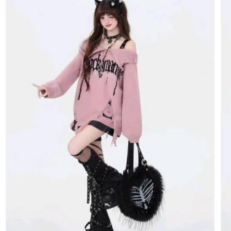 Goth Grunge Ripped Design Off-the-shoulder Sweater Women Autumn Winter Knit Pullover Purple Loose Y2K It-girl Knit Top Sweaters
