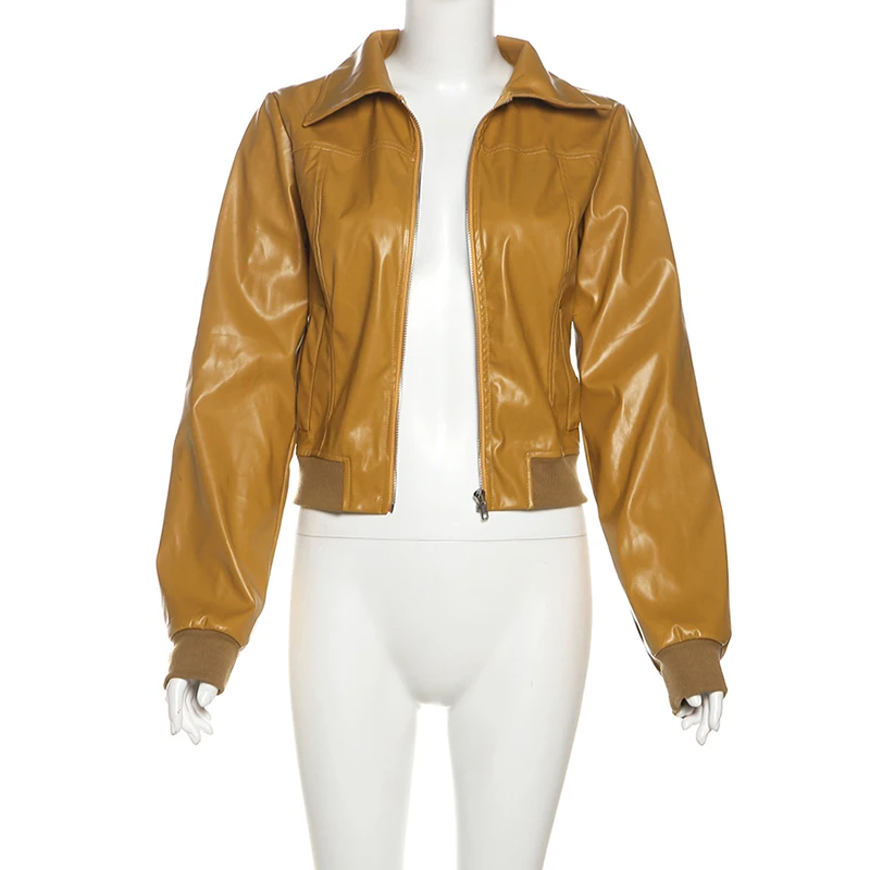 Blouson en cuir jaune vintage à manches longues, streetwear, élégant, slim, court, avec poches et fermeture éclair, pour les déplacements, automne 2024