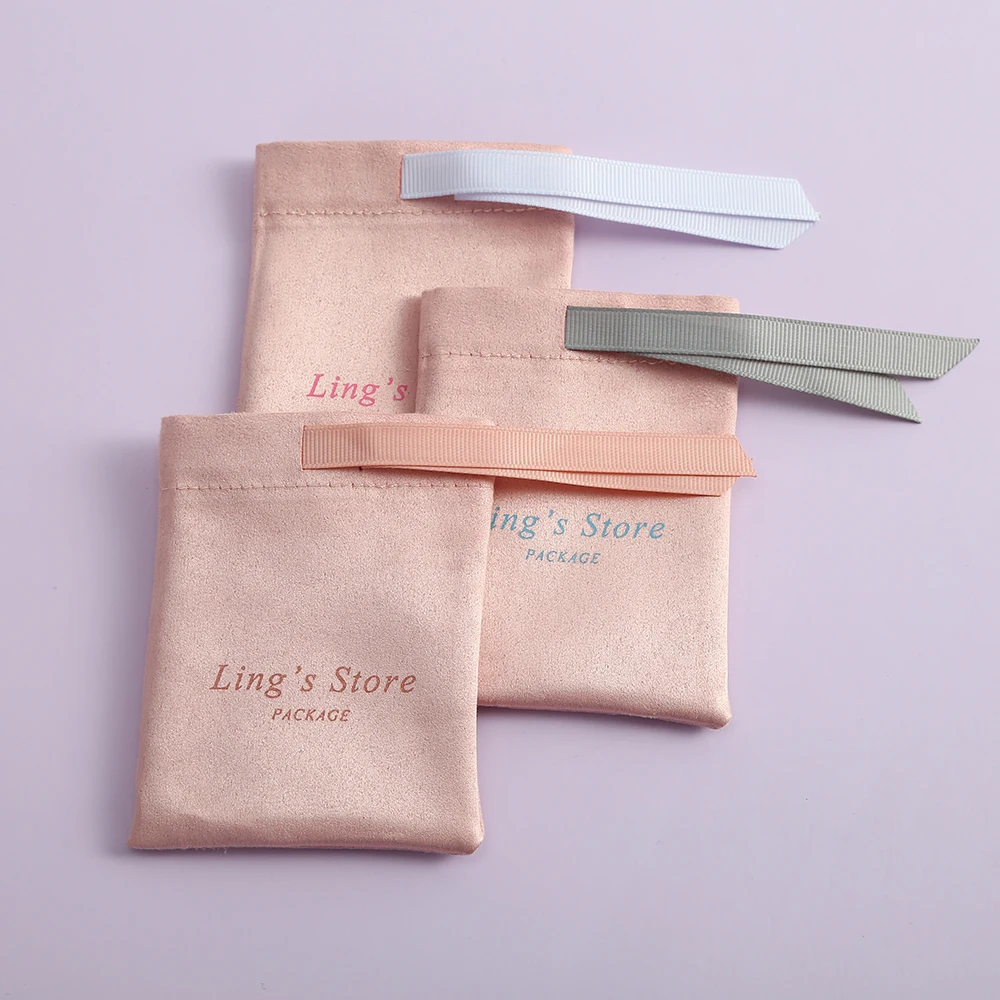 

50Pcs Pink Jewelry Flannel Bag Middle With Grosgrain Ribbon DIY Bowknot Pouch for Earring Ring Perfume Candy Chocolate Packaging