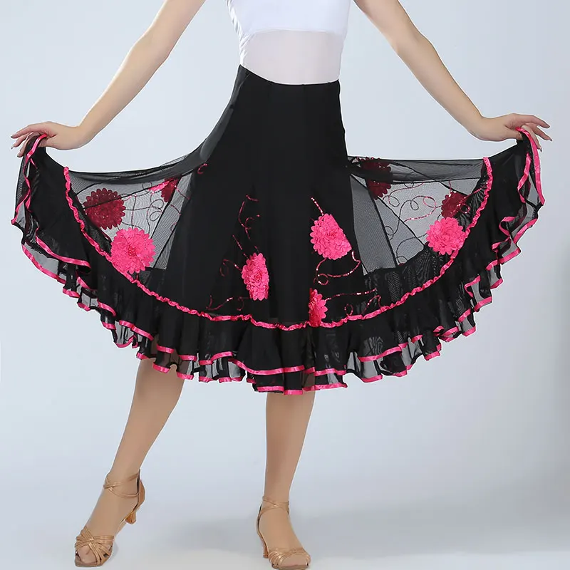 Women Dance Skirt Red Flower Ballroom Flamenco Standard Dress Black Waltz Party Smooth Swing Modern Dance Skirts