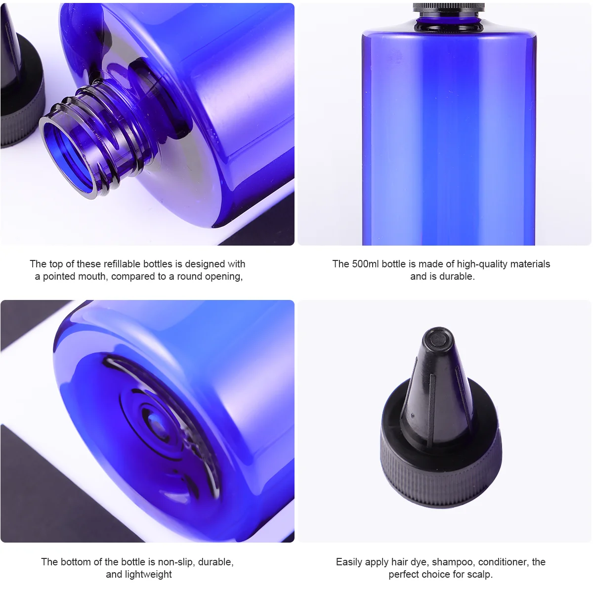 4pcs 500ml Hair Dye Bottle Pointed Mouth Hair Color Bottle Applicator Storage Container Refillable Bottles (Random Color)