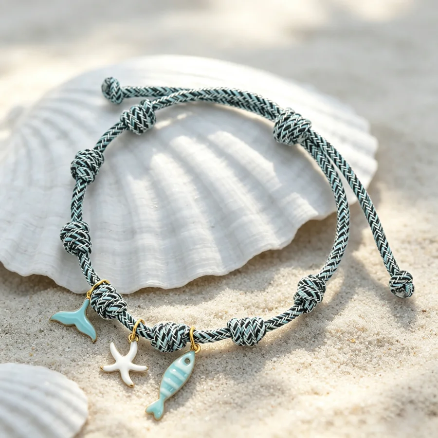 Boho Ocean Beach Braided Rope Bracelet With Starfish Fish Whale Tail Charms Adjustable Wristband Summer Coastal Vacation Jewelry