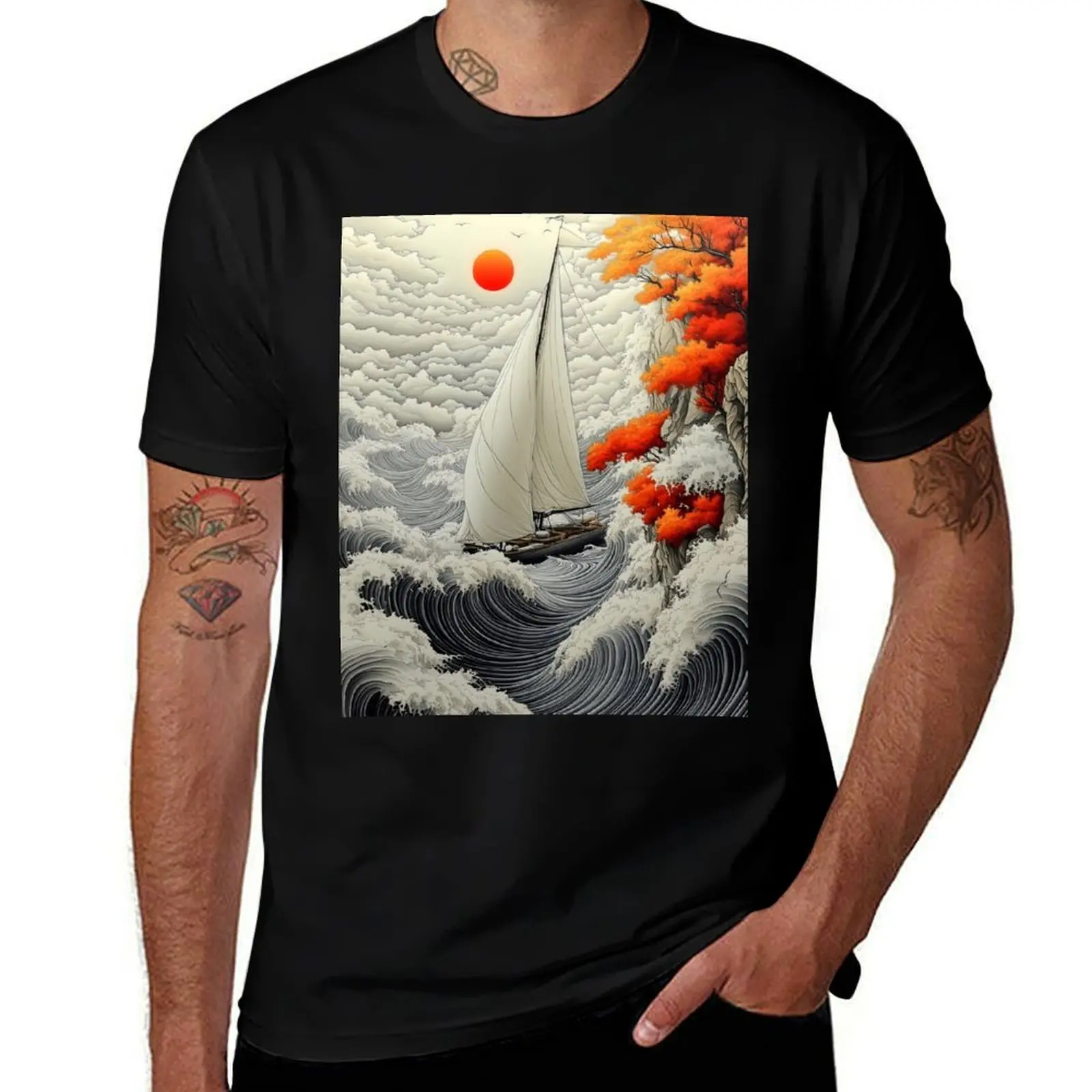 

Japanese Landscape Sailing Ship Passing Autumn Cliff Beneath Fiery Red Sun T-Shirt custom t shirt mens graphic t-shirts