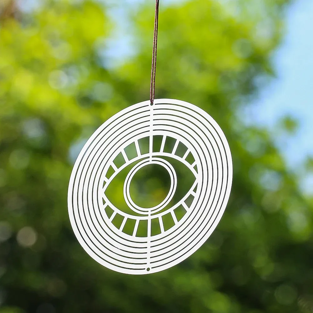 10cm Circular Stainless Steel Evil Eye Wind Chime Pendant Reflective Bird Repeller 3D Rotation Visual Effects Gardening Ornament